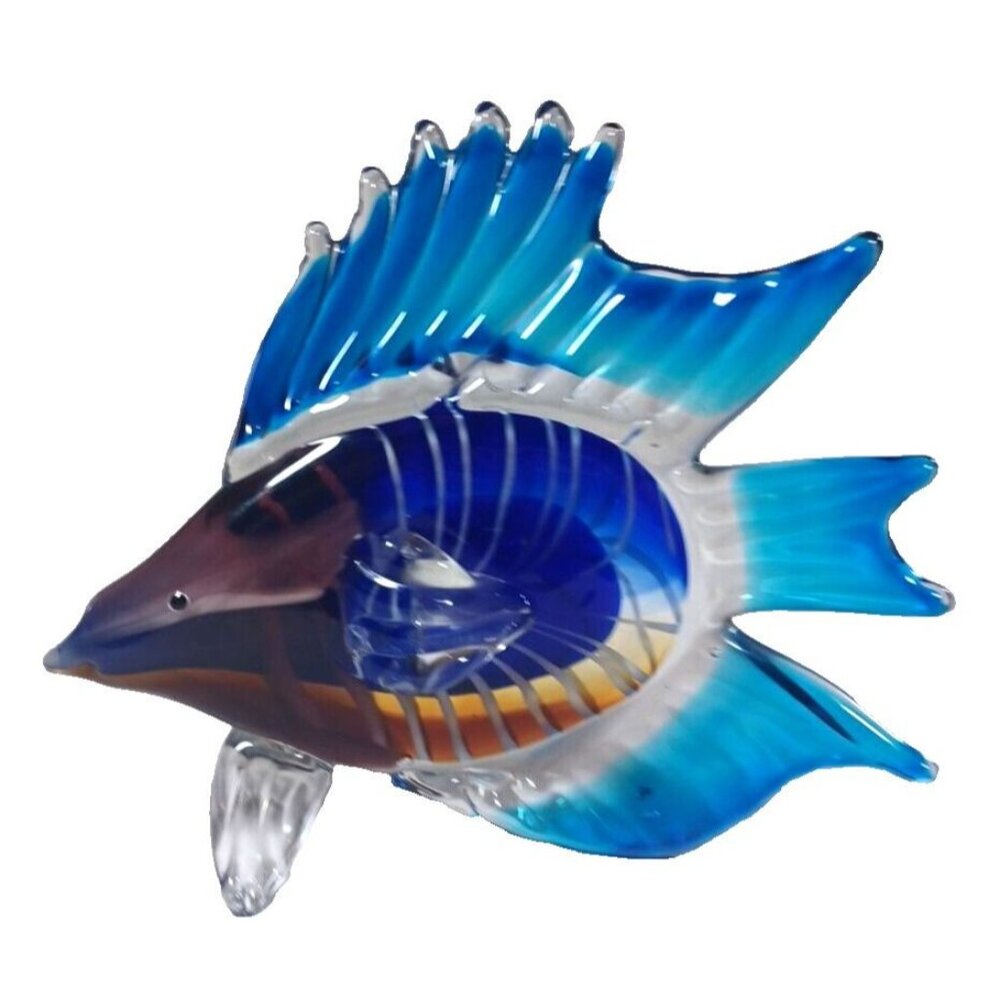 Large Rare Tetra Cobalt Turquoise Angel Fish Murano Sculpture 10" X 8.5 Vintage - Picture 3 of 14